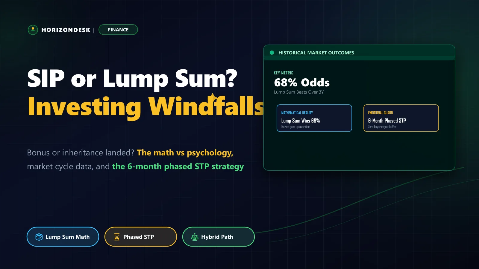 Banner comparing SIP and Lump Sum investing showing historical market drawdowns and hybrid deployment strategies