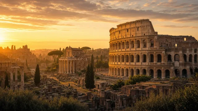 The Colosseum's weathered travertine arches in warm golden-hour light in Rome