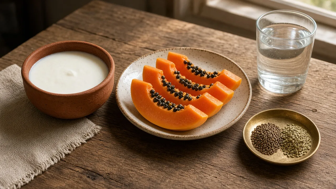 Editorial photo of a bowl of curd, a plate of papaya, a small dish of jeera and a glass of warm water on a wooden table