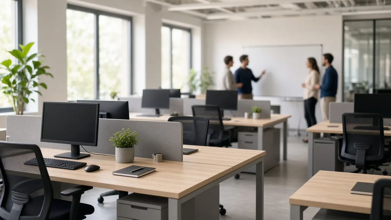 An open-plan office with empty desks and a small team meeting around a whiteboard in the distance