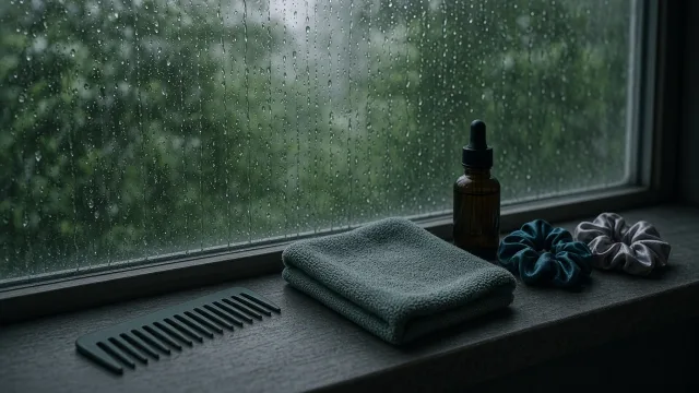 Editorial illustration of a rain-streaked window with a wide-tooth comb, a microfibre towel and a hair serum bottle on a sill