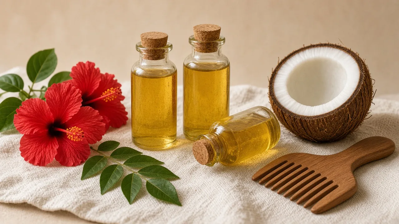 Editorial photo of small glass bottles of hair oil, a wooden comb, hibiscus flowers and curry leaves on a cotton towel