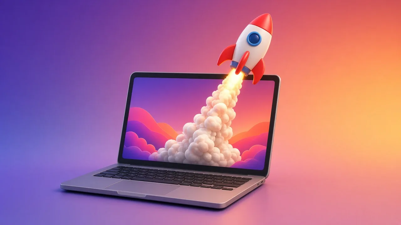 Editorial illustration of a rocket lifting off from a laptop screen with a small checklist floating nearby