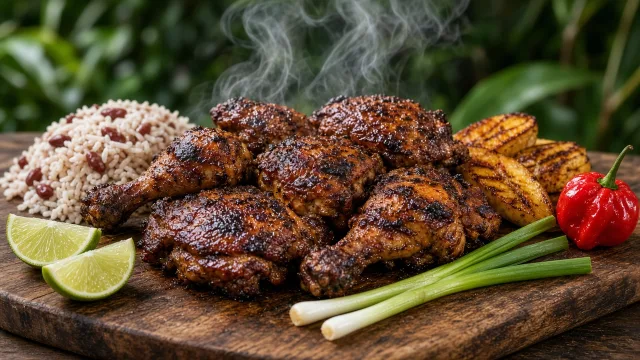Charred Jamaican jerk chicken pieces with lime wedges, rice and peas, and grilled plantain