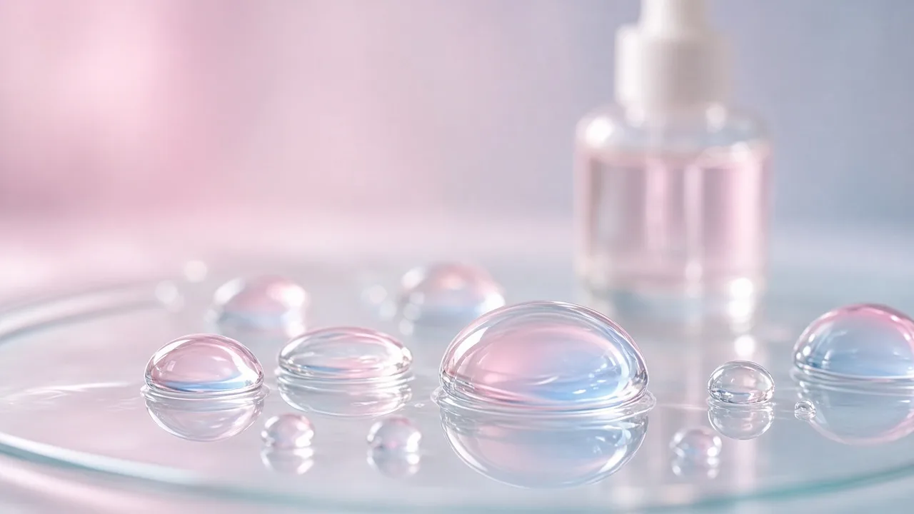 Clear serum droplets on a glass surface with soft pink and blue reflections suggesting a laboratory feel
