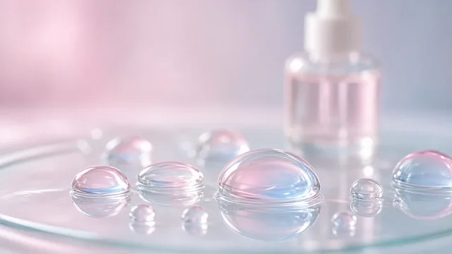 Clear serum droplets on a glass surface with soft pink and blue reflections suggesting a laboratory feel