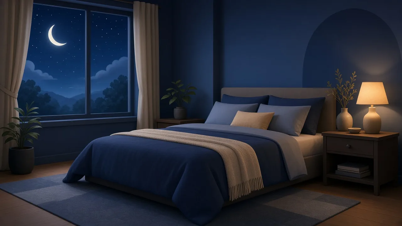 Editorial illustration of a calm, softly lit bedroom at night with a moon visible through the window