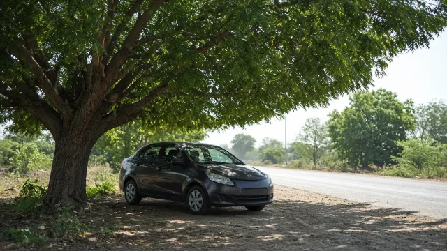 Editorial illustration of a car parked under a shady tree on a bright, hot afternoon