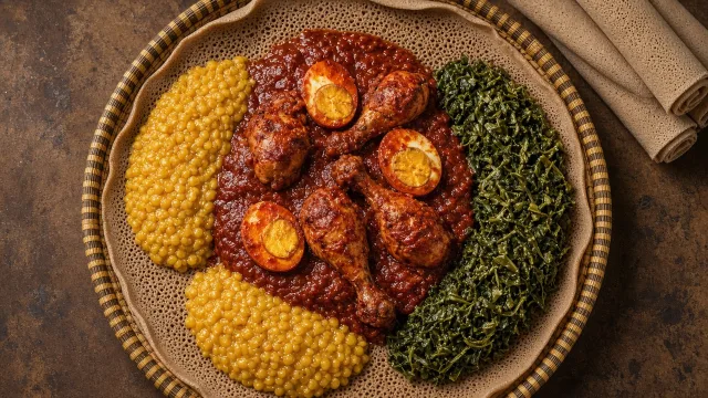 A dark red Ethiopian doro wat with chicken drumsticks and hard-boiled eggs served on injera