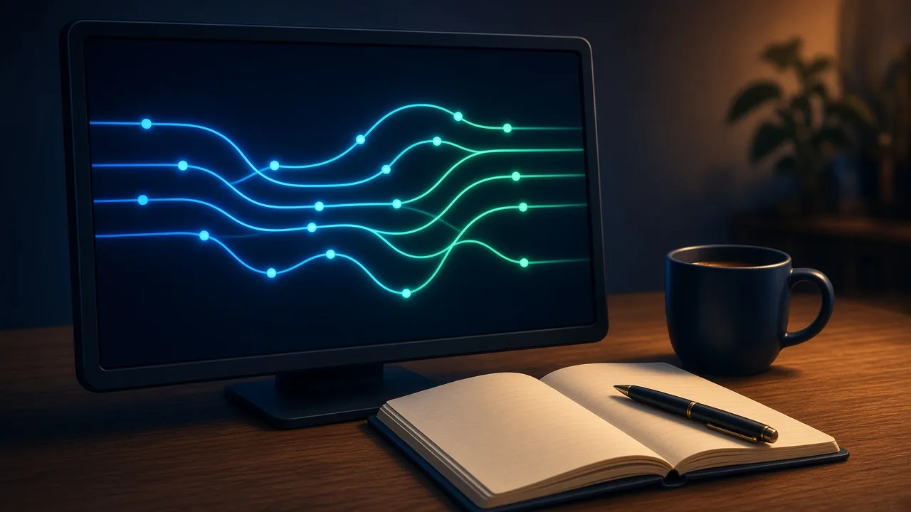 Editorial illustration of branching and merging coloured lines resembling a Git history graph on a dark screen