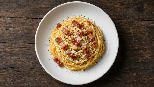 A twirled nest of glossy spaghetti carbonara with crisp guanciale and cracked black pepper in a white bowl