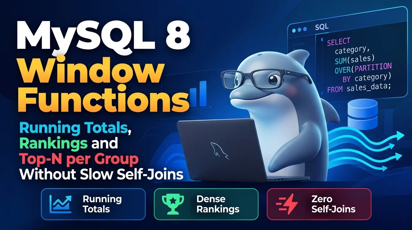 Banner for MySQL 8 Window Functions showing running totals, rankings, and SQL partition queries