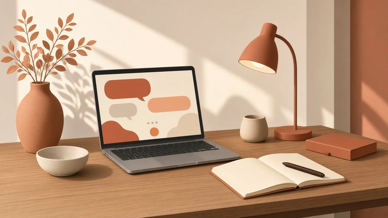 A tidy desk with an open laptop displaying an abstract chat interface, notebook and warm lamp
