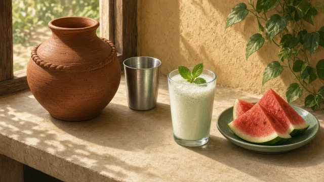Editorial illustration of a clay matka, a glass of buttermilk and sliced watermelon on a sunlit windowsill