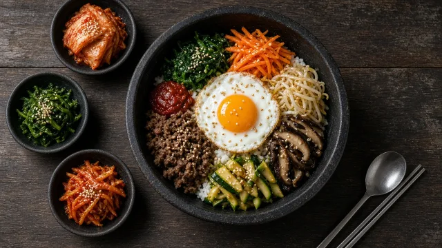 A stone bowl of bibimbap with rice, colourful vegetables, beef, a fried egg and gochujang