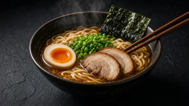 A steaming bowl of shoyu ramen with a halved marinated egg, sliced pork, nori, spring onions and bamboo shoots