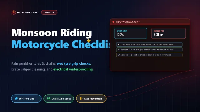 Banner for motorcycle wet road maintenance showing tyre tread checks, chain lubrication intervals, and electrical waterproofing