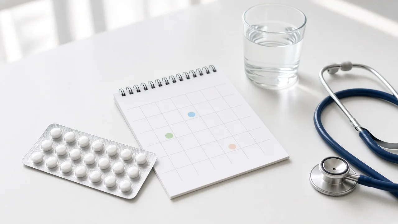 Blister pack of tablets next to a calendar and stethoscope on a clinic desk