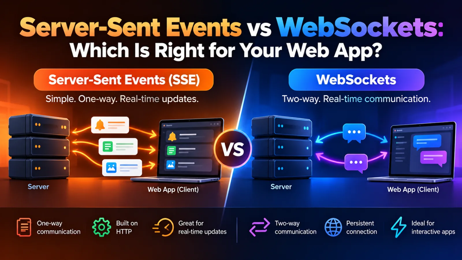 Banner comparing Server-Sent Events vs WebSockets showing HTTP streaming protocols, bidirectional frames, and server load
