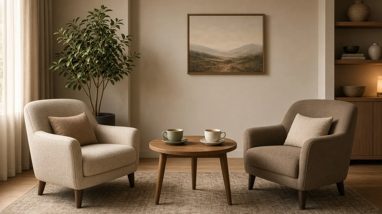 Editorial illustration of two chairs facing each other across a small round table with two cups of tea