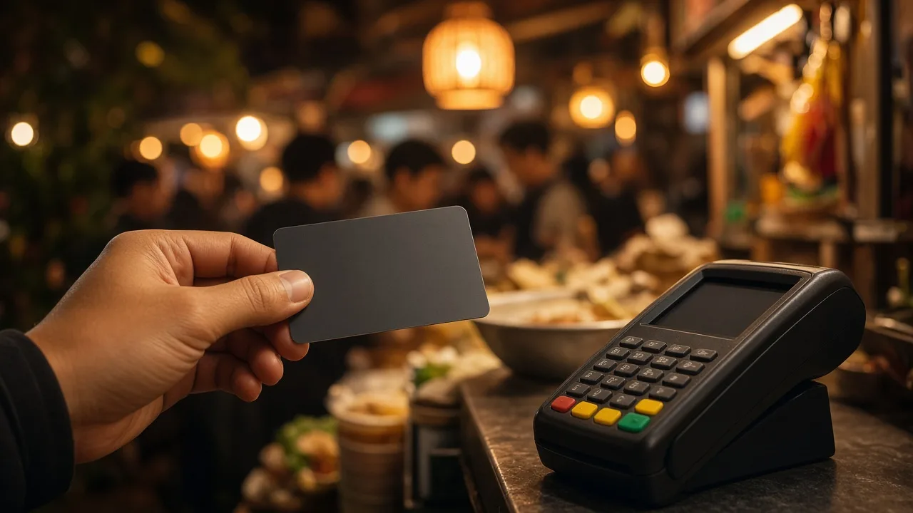 A shopper tapping a blank payment card on a terminal at a busy market stall at dusk