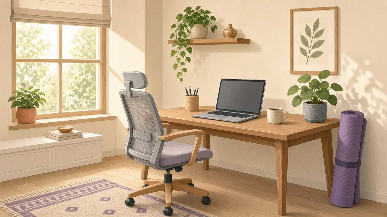 Editorial illustration of a tidy home office desk with a laptop, a yoga mat rolled beside the chair and a potted plant