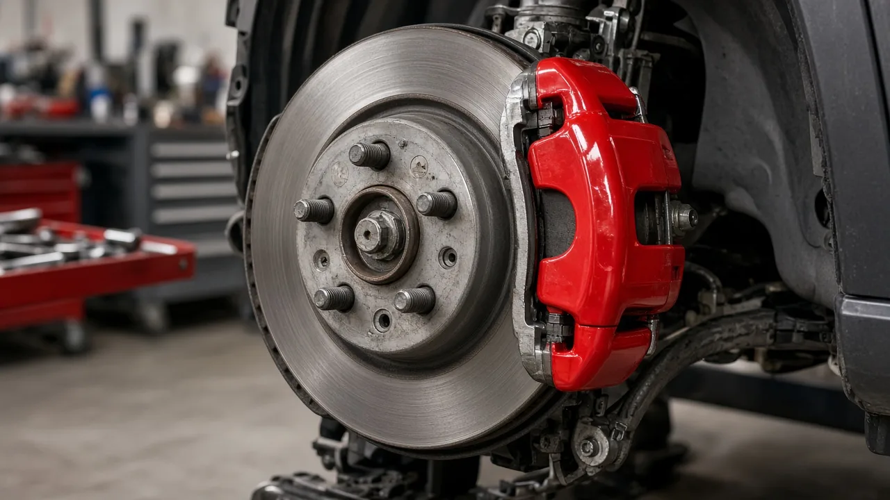 Editorial illustration of a car wheel with a visible brake disc and calliper in a clean workshop