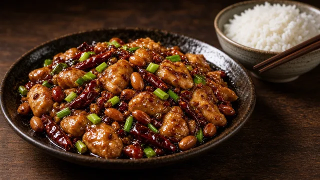 A plate of Sichuan kung pao chicken with diced chicken, peanuts, dried red chillies and spring onions
