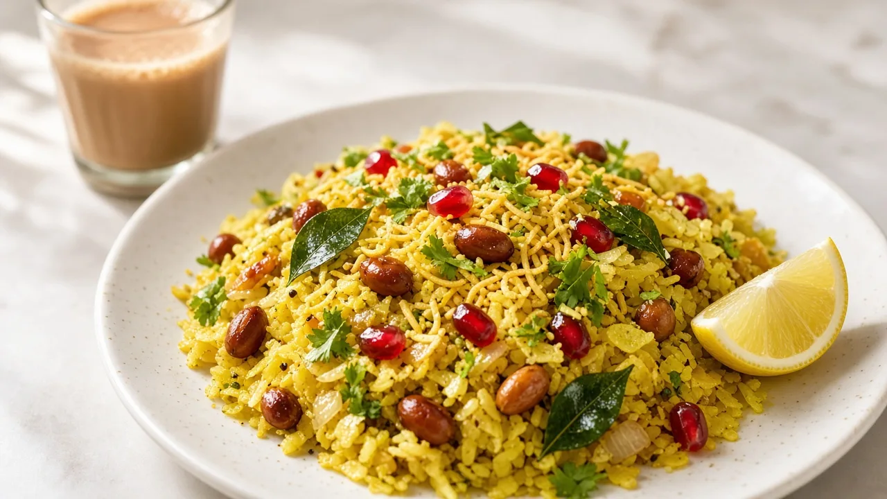 Close-up food photo of a plate of yellow kanda poha topped with sev, coriander, pomegranate and a lemon wedge