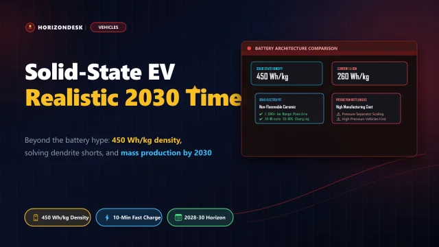 Banner for Solid-State Battery technology showing energy density targets, solid electrolyte layers, and automaker timelines