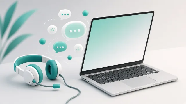 Editorial illustration of a headset resting beside a laptop showing organised message bubbles