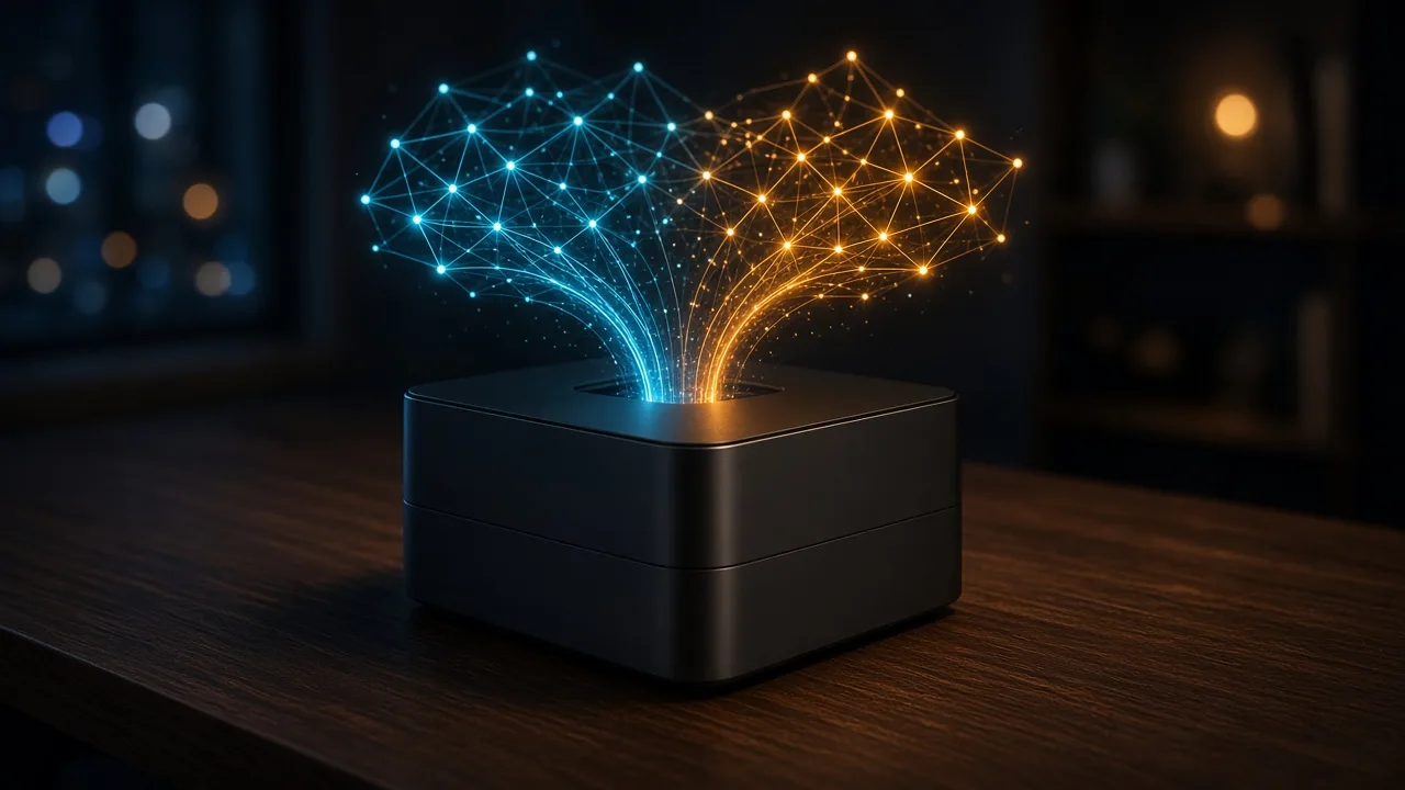 A compact desktop computer on a desk emitting glowing streams of light that form a floating neural network, symbolizing local AI computing.