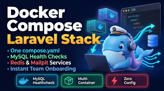 Banner for Laravel Docker Compose stack featuring multi-container orchestration, MySQL health checks, and Redis cache