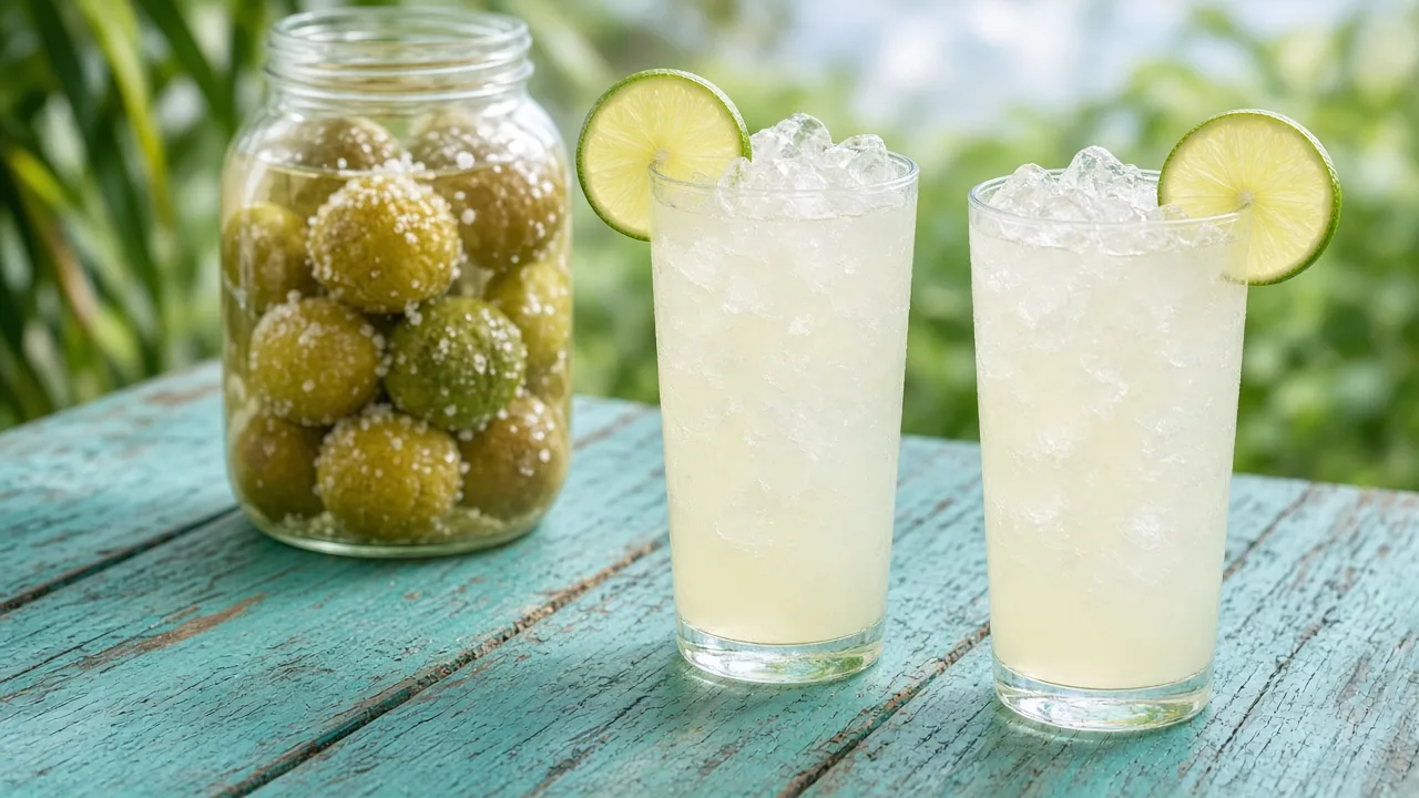 Tall glasses of pale lemonade with ice and lime slices beside a jar of salted preserved limes