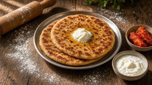 Food photo of golden aloo parathas on a steel plate with a dollop of white butter, curd and mango pickle
