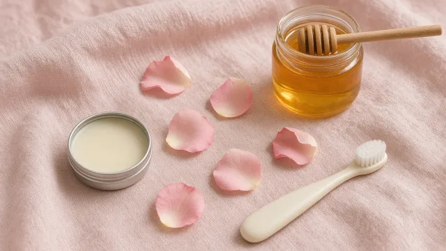 Editorial photo of a lip balm tin, a small jar of honey, a soft toothbrush and rose petals on a pink linen cloth