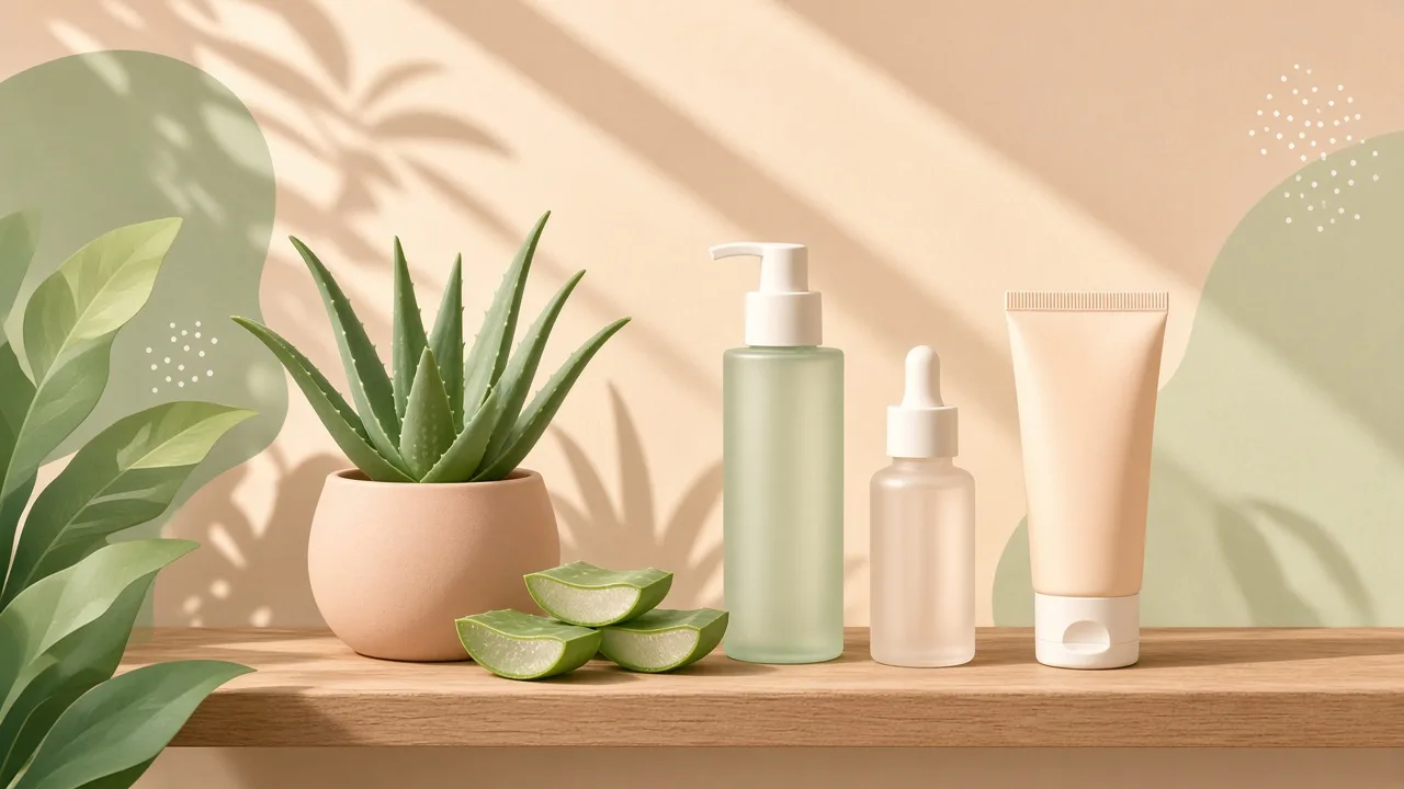 Editorial illustration of simple skincare bottles, aloe vera and a sunscreen tube on a sunlit shelf