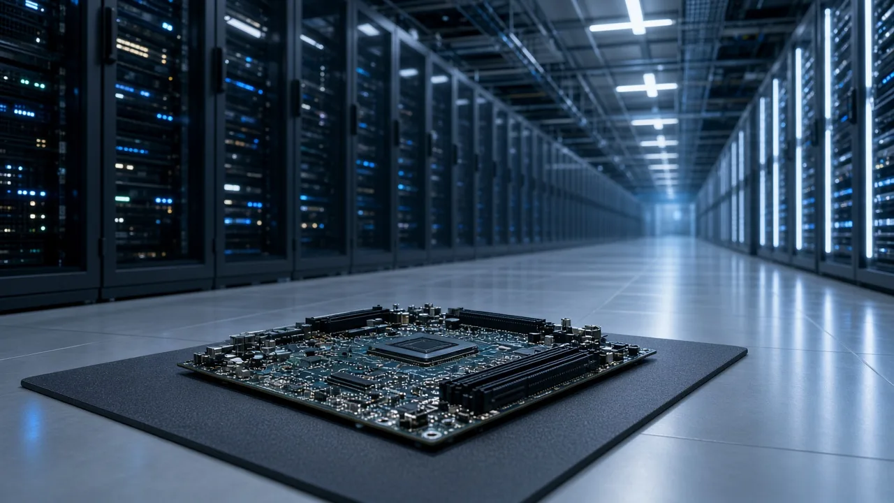 Rows of illuminated server racks in a modern data centre aisle with cool blue lighting