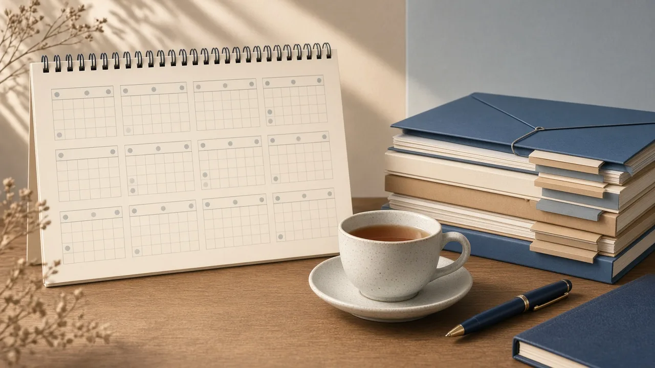 Editorial illustration of a wall calendar with twelve months and a neatly organised folder of documents