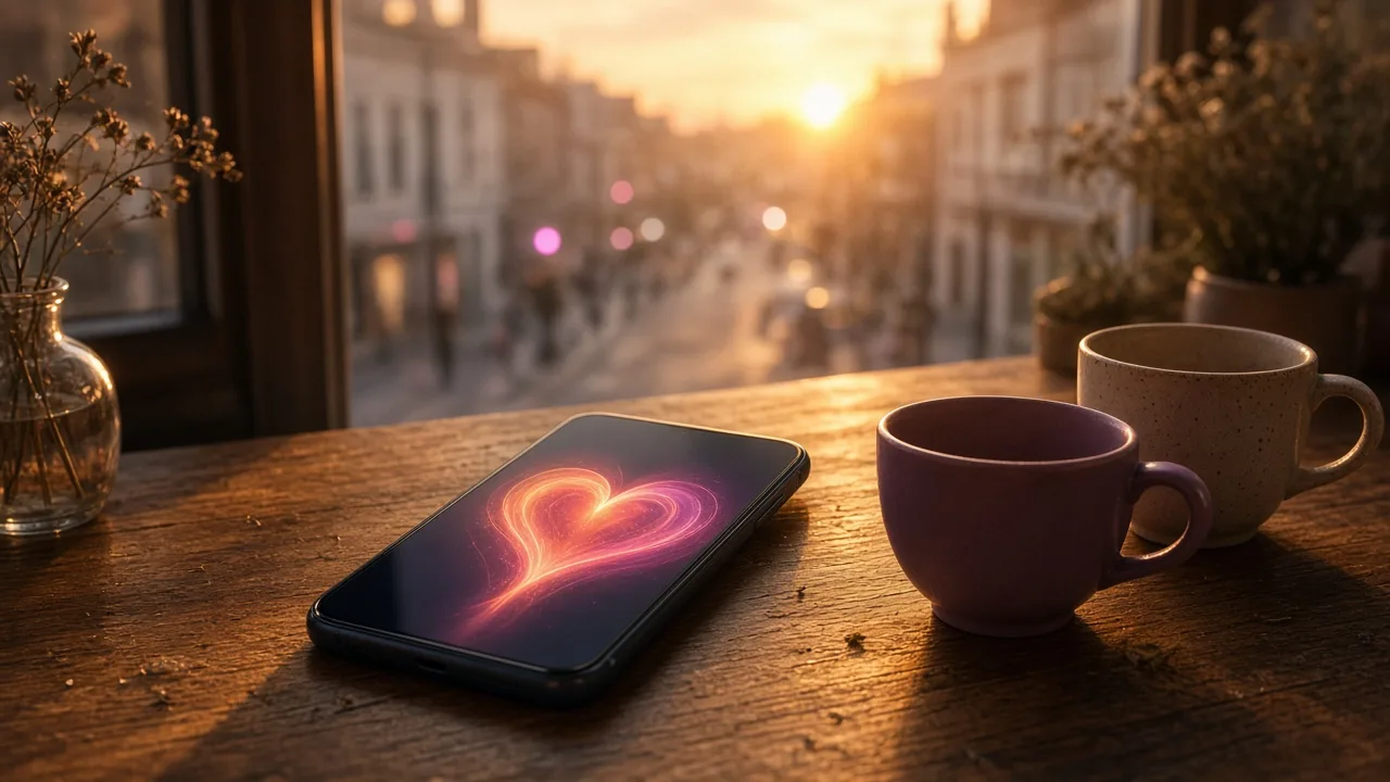 A glowing smartphone on a café table beside two coffee cups, symbolizing online dating moving toward real-world connection.
