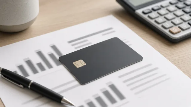 Editorial illustration of a credit card resting on a printed statement with a pen and calculator