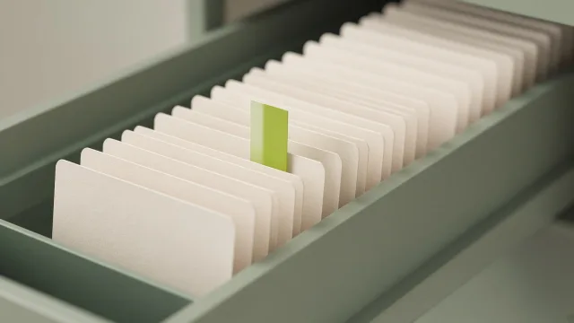 Editorial illustration of a long row of index cards with a bookmark marker placed between two of them
