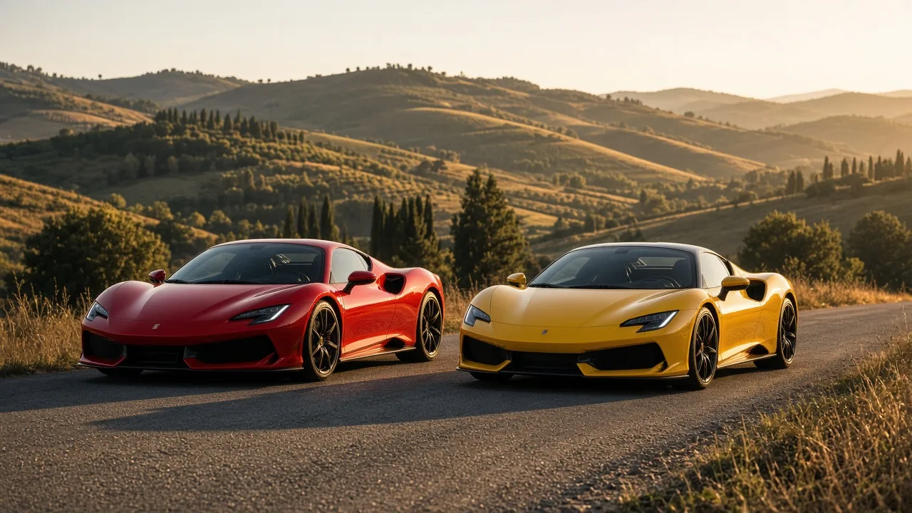 A red supercar and a yellow supercar parked side by side on a sunlit Italian country road