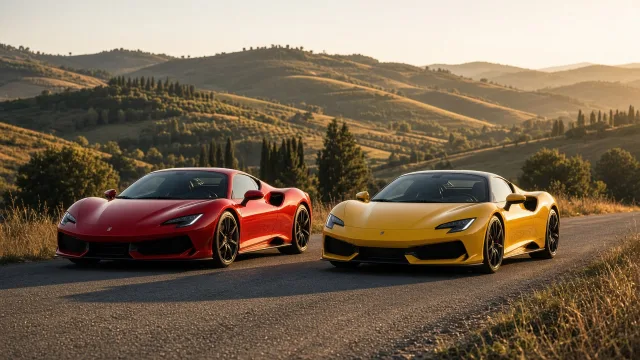 A red supercar and a yellow supercar parked side by side on a sunlit Italian country road