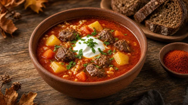 A bowl of Hungarian goulash with beef, potatoes and carrots in a red paprika broth with bread