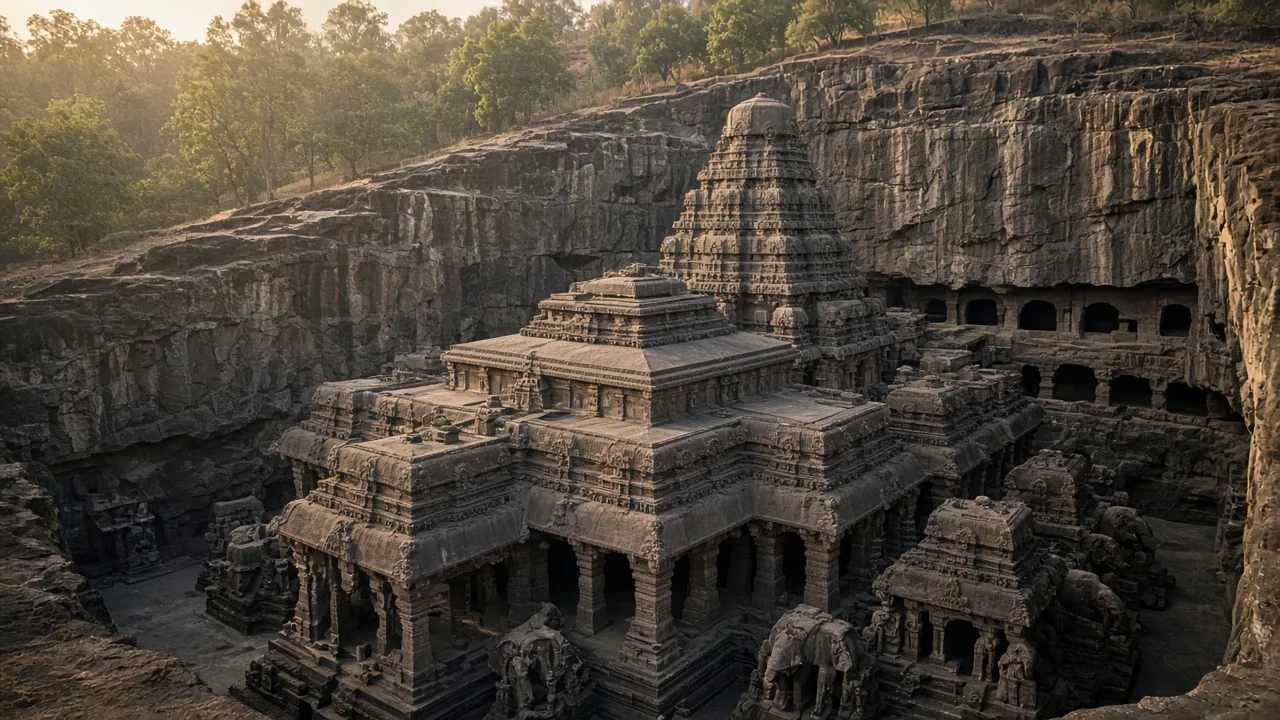 Horseshoe-shaped row of Ajanta caves cut into a basalt cliff above a green river gorge
