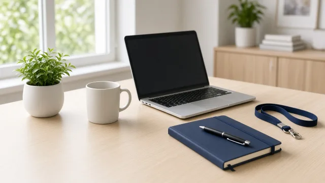 Editorial illustration of a tidy new desk with a welcome kit, laptop and a potted plant