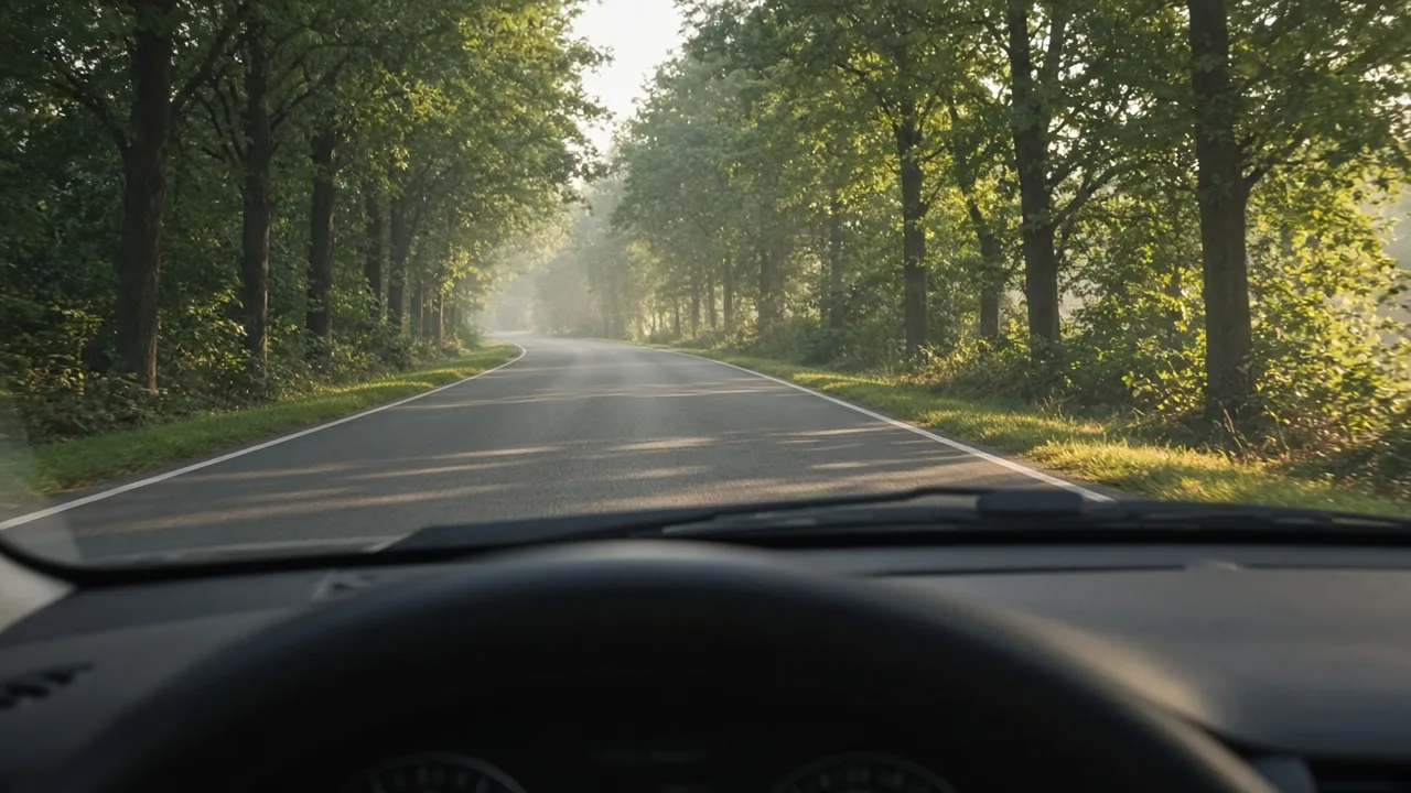 Editorial illustration of a steering wheel and dashboard view looking out onto a quiet road
