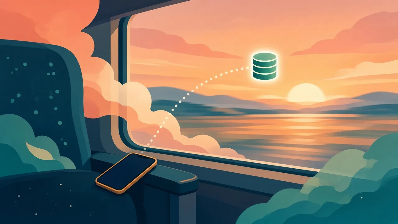 Editorial illustration of a smartphone showing a cloud icon with a dotted connection line to a small local database cylinder
