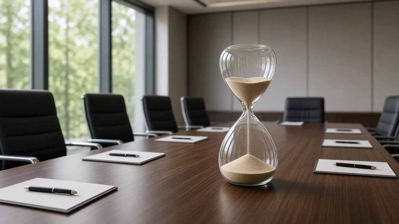Editorial illustration of an hourglass on a conference table beside a neat agenda card